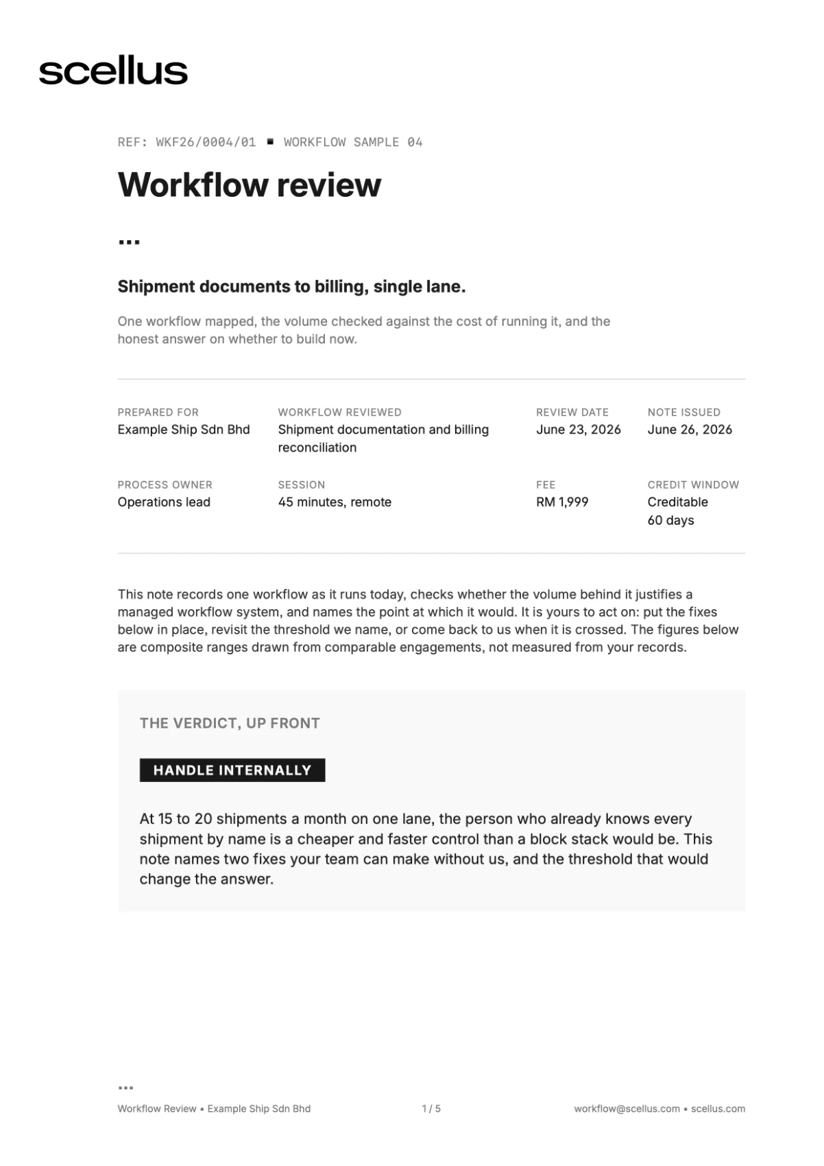 First page of the shipment documentation Workflow Review sample, showing the Handle internally verdict.
